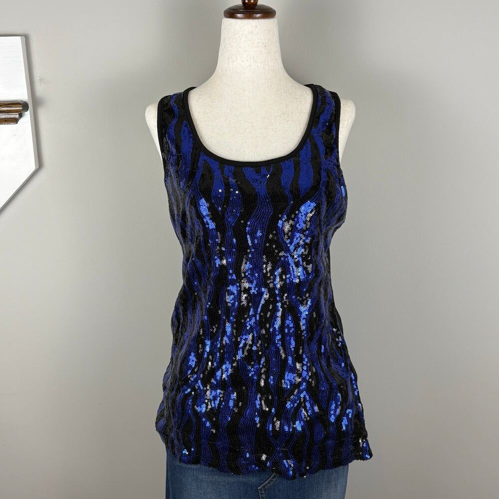 Deb Sparkly Tank Top Glam Blue Black Sequins 2000s Vintage Y2K Women's Medium